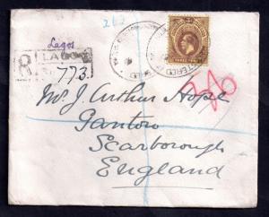 Southern Nigeria KGV 1913 Lagos Registered cover to UK WS6862