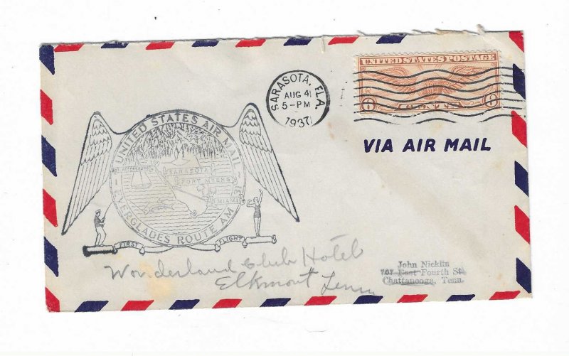 US FIRST FLIGHT COVER: 1937 SARASOTA FL 31