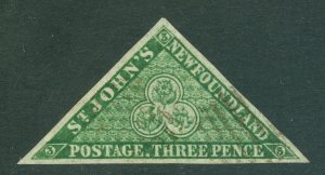 SG 11 Newfoundland 1860. 3d green. Very fine used. Full-large margins CAT £190