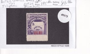 Canada: British Columbia: 1929 Telephone Tax Stamp, Van Damm #BCT24, MNH (49173)