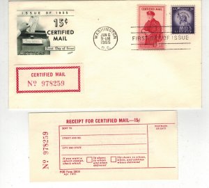 1955 CERTIFIED MAIL FA1 FDC WITH MAILING LABEL AND RECEIPT BY FLEETWOOD