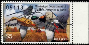 MISSISSIPPI #18GH 1993  STATE DUCK MALLARDS  HAND SIGNED GOVERNOR Kirk Fordice