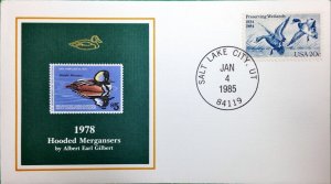 1985 50th Anniversary Duck Stamp FDC of RW45 1978 HOODED MERGANSER DUCKS, UTAH