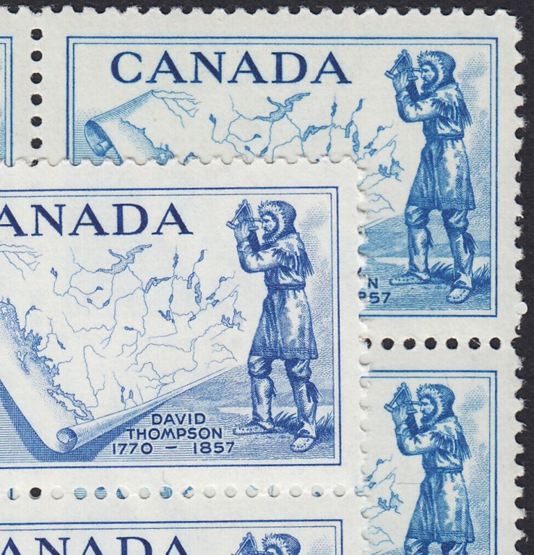 EXPLORER DAVID THOMPSON = COLOR VARIETY = Canada 1957 #370 MNH 2 Blocks of 4 sts