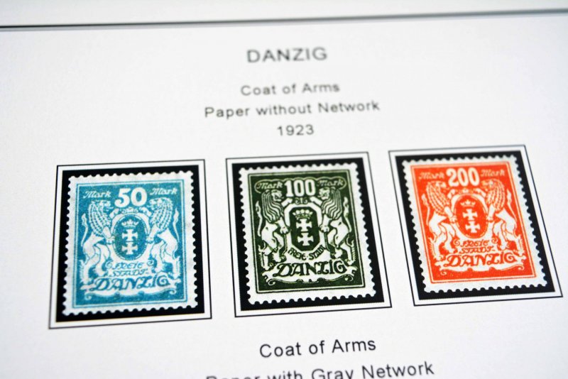 COLOR PRINTED DANZIG / GDANSK 1920-1939 STAMP ALBUM PAGES (45 illustrated pages)