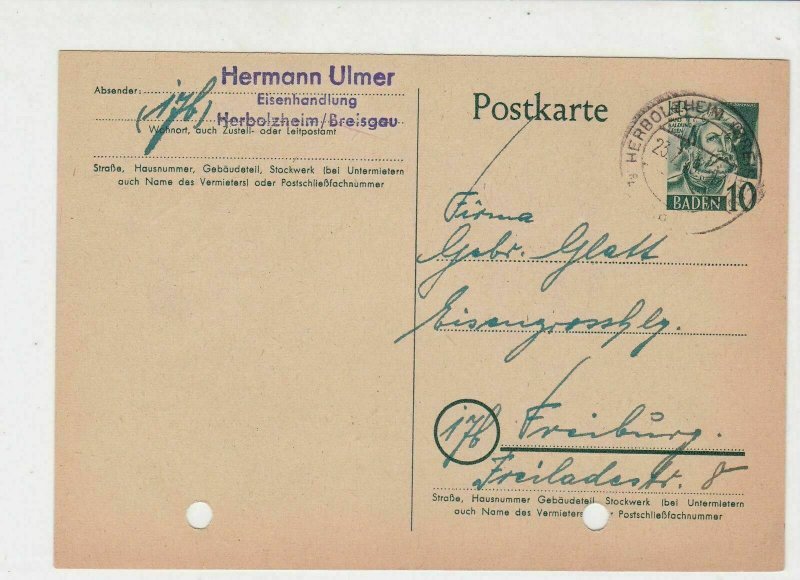 Baden 1949 Metal Materials Order for Freiburg Ironworks Stamps Card ref R 19141