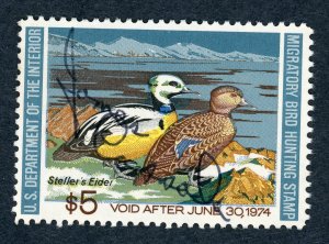 #RW40 – 1973 $5.00 Steller's Eiders. Used.