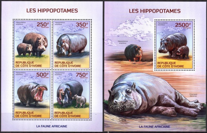 Ivory Coast 2014 Hippopotamus Sheet + S/S MNH