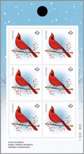 CARDINAL = CHRISTMAS BIRDS = BACK Booklet Page of 6 P- stamp MNH Canada 2022