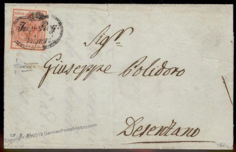 Austria 1850 3Kr Lombardia Steamship Imp Reg Vapori Cover Expertized 91904