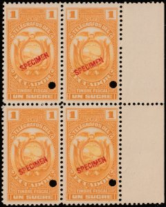 ✔️ ECUADOR 1928 FISCAL TELEGRAPH SPECIMEN & PUNCH BL/4 HISC. 97 MNH [049] RARITY