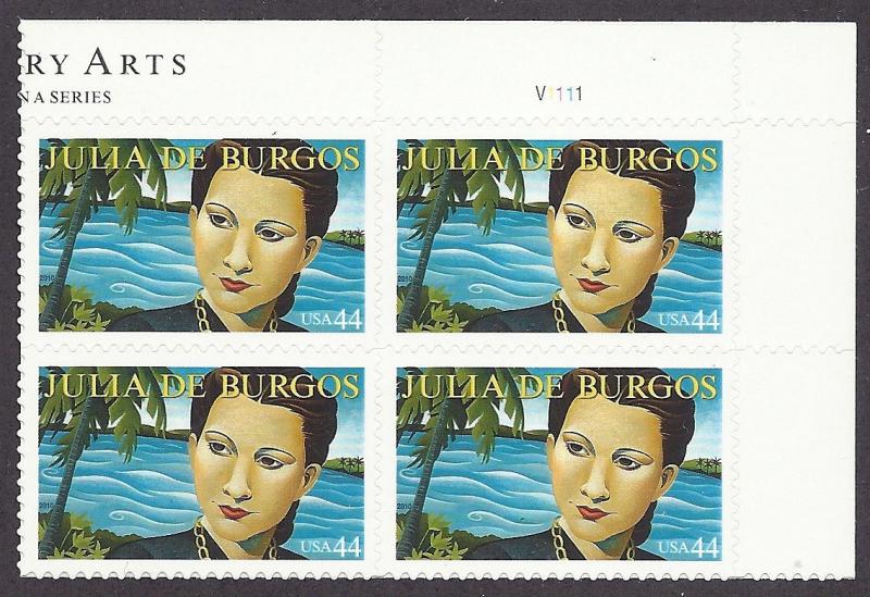 4476 Plate block 44cent Julia De Burgos Literary Arts Poet Puerto Rico poverty