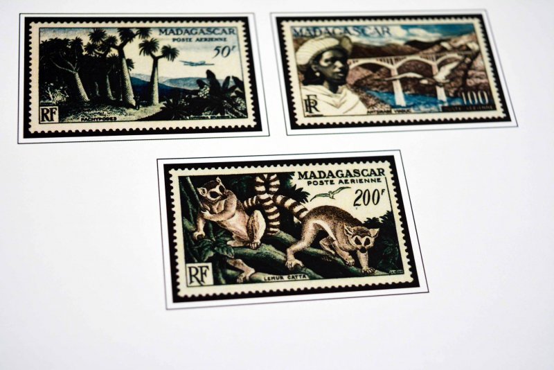 COLOR PRINTED FRENCH MADAGASCAR 1889-1957  STAMP ALBUM PAGES (46 illustr. pages)