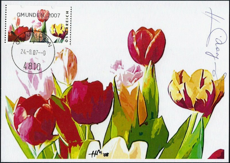 2007 Austria Flowers, Machine-Stamp, Tulip, Artist signed FDC Maxi Card! NICE!