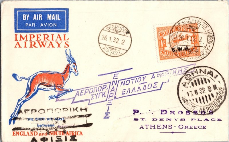 1932 Windhoek South West Africa Airmail First Flight Cover FFC to Athens Greece