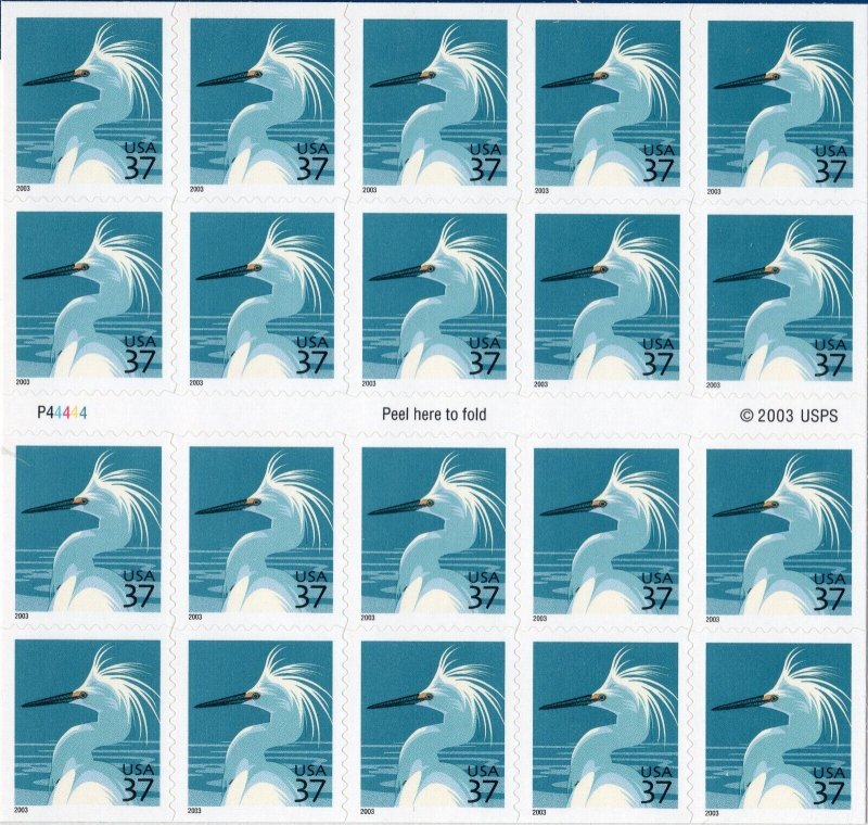 Scott #3830De Snowy Egret w/USPS Microprinting Booklet of 20 Stamps - Sealed