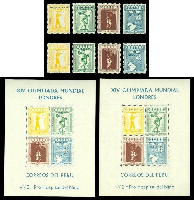 PERU 1948/56 Wembley - Melbourne OLYMPICS  S/S + sets Sc C78-81,81a + ovpt. MLH