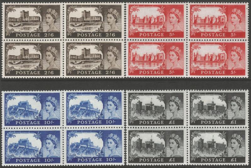 1967 Castles definitive no watermark set as blocks of 4, fine unmounted mint.