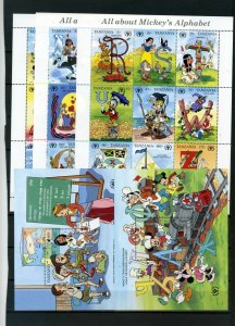 TANZANIA 1990 DISNEY MICKEY'S ALPHABET 3 SHEETS OF 9 STAMPS & 2 S/S MNH 