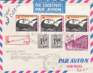 Belgium 1975 Registered Airmail Cover with Europa issue. Baarle-Hartog to Calif.