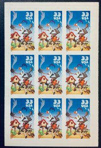 United States #3391b 33¢ Wily Coyote & Road Runner (2000). Pane of 9. MNH