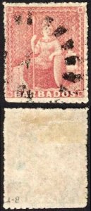 Barbados SG25 (4d) Dull Rose-red Rough Perf 14 to 16 No Wmk Cat 75 pounds