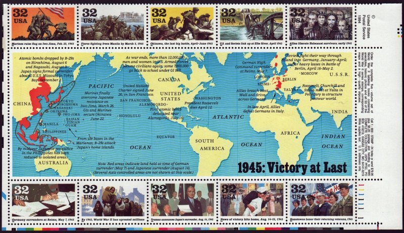 SC#2981 32¢ A World at War Sheet of Ten (1995) MNH*