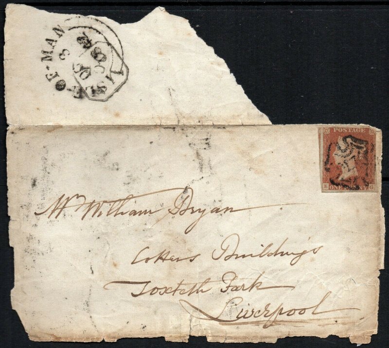 1841 Sg 8 red 'EG' 4 Margins Isle of Man Maltese Cross Cancel on large piece