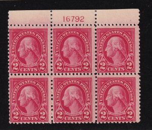 1923 Washington 2c Sc 554 MNH with original gum (skip), plate block of 6 (B9