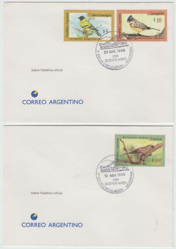 ARGENTINA 1995 BIRDS Sc 1835, 1876 & 1880 ON TWO FD COVERS F,VF SCV$70.00++