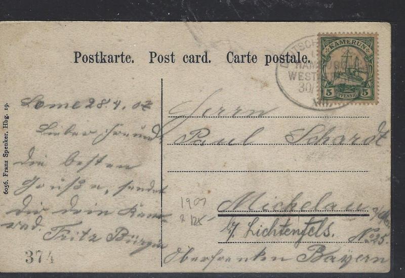 GERMAN CAMEROUN (P1809B) 1907  5 PF ON   PPC   TO GERMANY