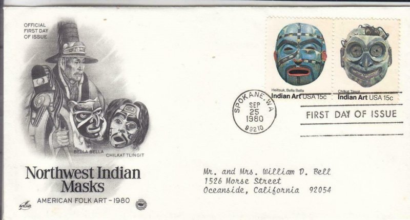 1980, Northwest Indian Masks-Bella Bella, Tlingit, Artcraft/PCS, FDC (E8298)