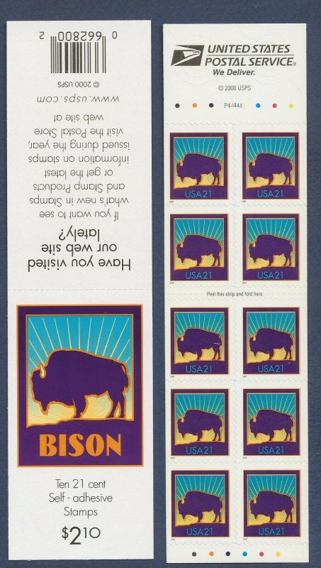 USA - Sc 3484d - Plate P44444, perf 11.25 - 21 cent Bison