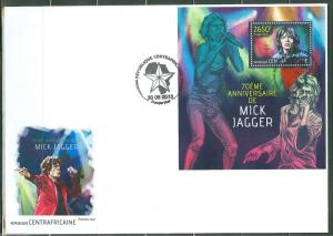 CENTRAL AFRICA  2013 70th  BIRTH  ANNIVERSARY OF MICK JAGGER S/S FDC