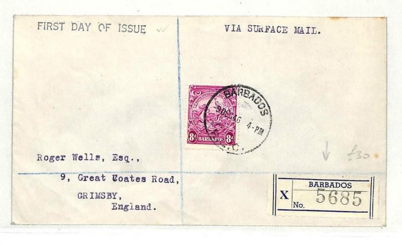 BARBADOS 1946 FDC First Day Cover KGVI 8d Magenta BRITANNIA SG.254a AB134