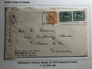 1945 Melbourne Australia Censored Commercial Cover To Victoria Canada