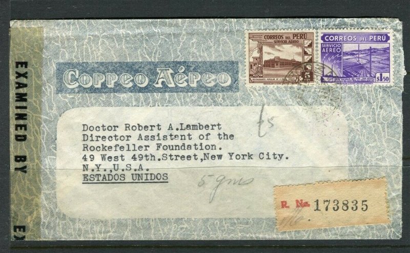 PERU; LETTER/COVER 1943 fine Censor item to Rockefeller Found. New York 
