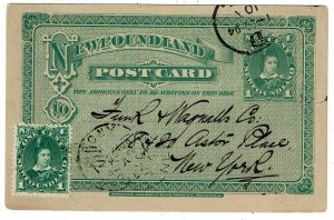 Newfoundland 1894 Trinity Bay cancel on uprated mirror postal card to the U.S.