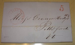 Old 1847 Hand Stamped “5” Letter – Providence, RI. to Vermont