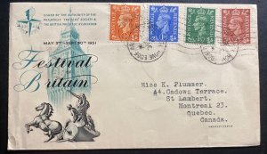 1951 England First Day Cover FDC To Montreal Canada Festival Of Britain