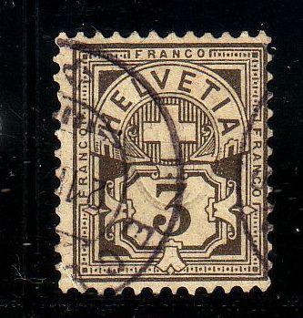 Switzerland Sc 70 1882 3 c gr brn stamp used