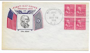 #806 Prexie FDC, 2c John Adams, Fidelity cachet, block of 4