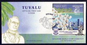 Tuvalu, Scott cat. 703. Singapore Expo s/sheet. Orchids on a First day cover.