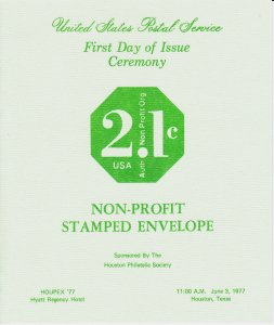 USPS 1st Day Ceremony Program #U578 C1 Non-Profit Stamped Envelope HOUPEX 1977