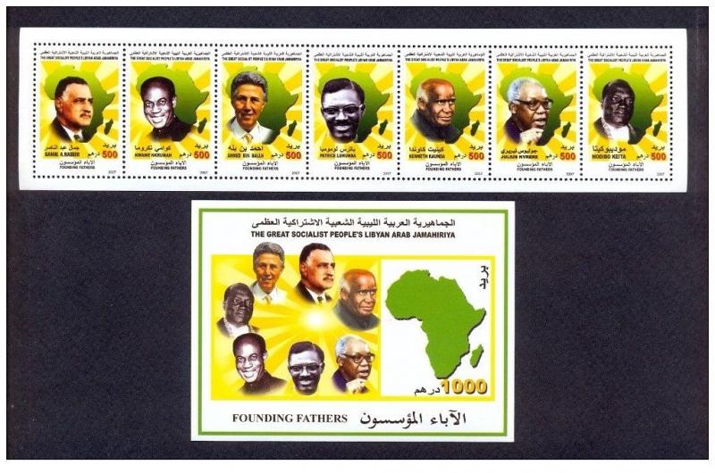 2007- Libya- Founding Fathers- Strip of 7 stamps and perforated MINI SHEET