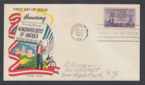 US Planty 1015-11 FDC. 1952 3c Newspaper Boys, Fluegel cachet, pencil addressed