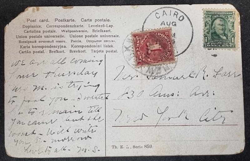 #2034 us 1904 postcard cairo to new york + postage due very uncommon