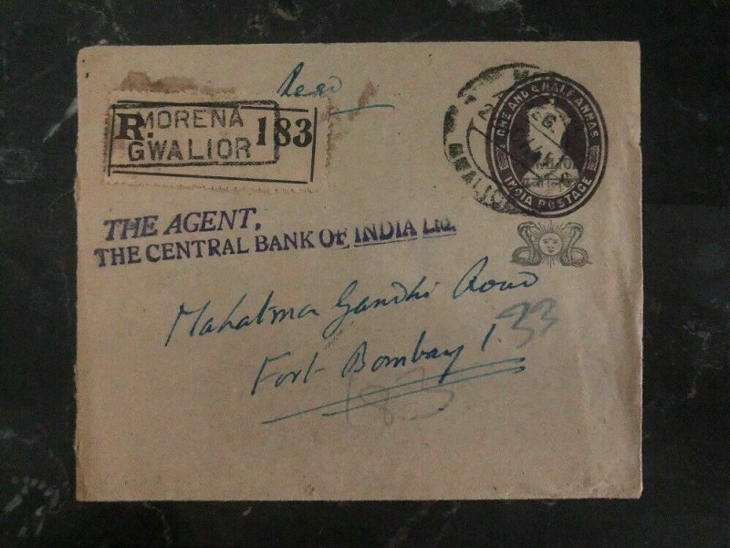 1947 Morena India Central Bank Registered Cover To Bombay