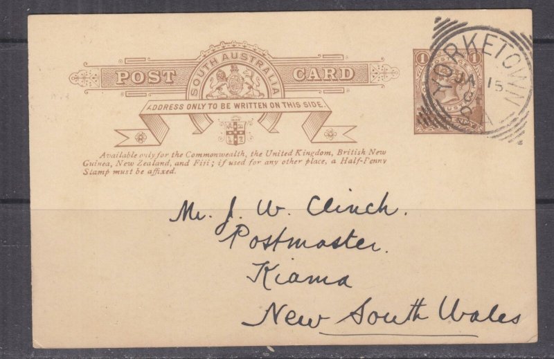 SOUTH AUSTRALIA, Postal Card., 1906 1d. Brown, YORKETOWN squared circle to Kiama