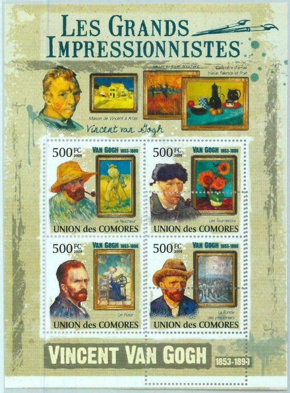 A0316 - COMOROS, ERROR, MISPERF, Miniature sheet: 2009, Vincent Van Gogh, Art